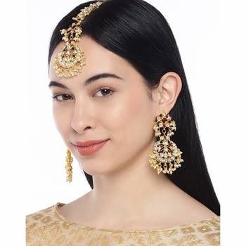 Earrings with Maang Tikka Set Studded with Kundan & Pearl for Women/Girls  2