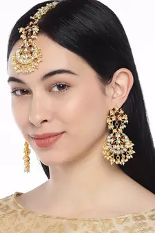 Earrings with Maang Tikka Set Studded with Kundan & Pearl for Women/Girls 