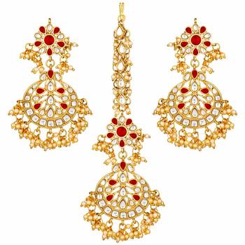 Earrings with Maang Tikka Set Studded with Kundan & Pearl for Women/Girls  3
