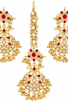 Earrings with Maang Tikka Set Studded with Kundan & Pearl for Women/Girls 