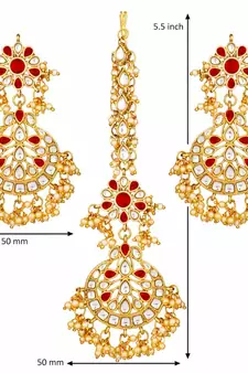 Earrings with Maang Tikka Set Studded with Kundan & Pearl for Women/Girls 