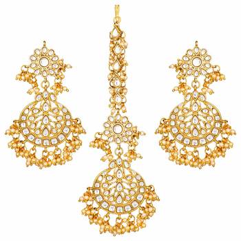 Gold Plated Traditional Handcrafted Earrings With Maang Tikka Encased with Faux Kundan & Pearl for Women/Girls  1
