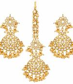 Gold Plated Traditional Handcrafted Earrings With Maang Tikka Encased with Faux Kundan & Pearl for Women/Girls 
