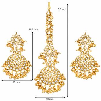 Gold Plated Traditional Handcrafted Earrings With Maang Tikka Encased with Faux Kundan & Pearl for Women/Girls  2