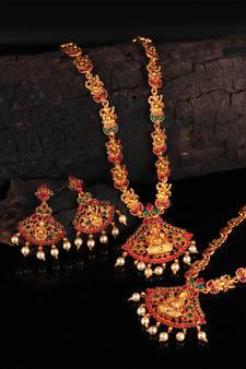 Gold plated Stone Studded Long and Short Necklace Set With Earings