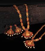 Gold Plated Stone Studded Long and Short Necklace Set With Earings