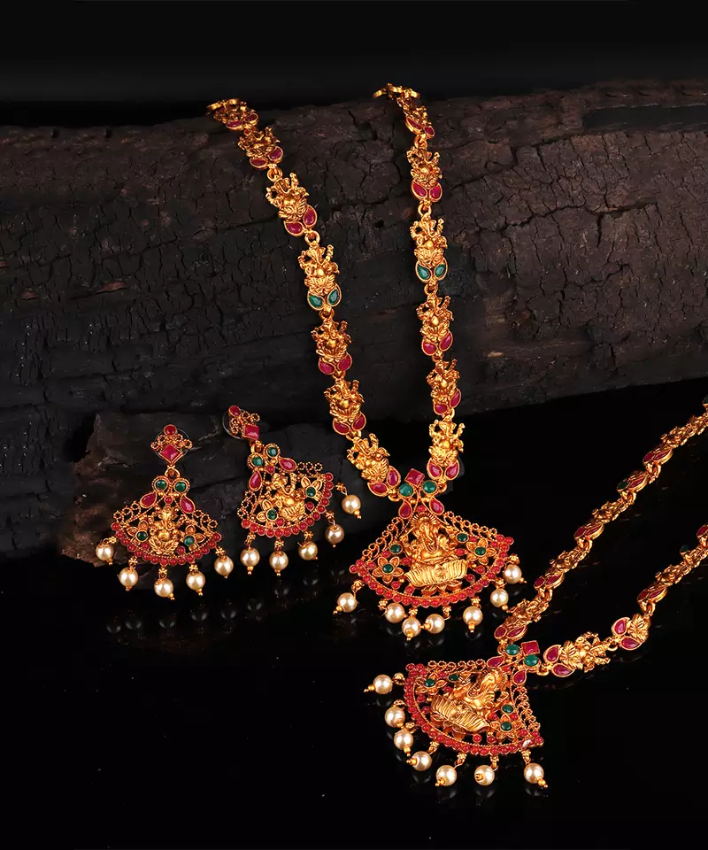 Gold plated Stone Studded Long and Short Necklace Set With Earings