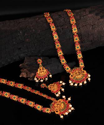 Gold plated Stone Studded Long and Short Necklace Set With Earings 1
