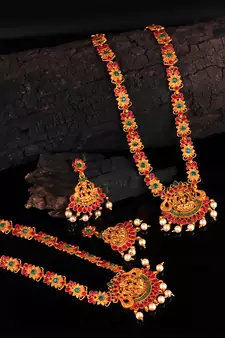 Gold plated Stone Studded Long and Short Necklace Set With Earings