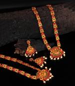 Gold plated Stone Studded Long and Short Necklace Set With Earings