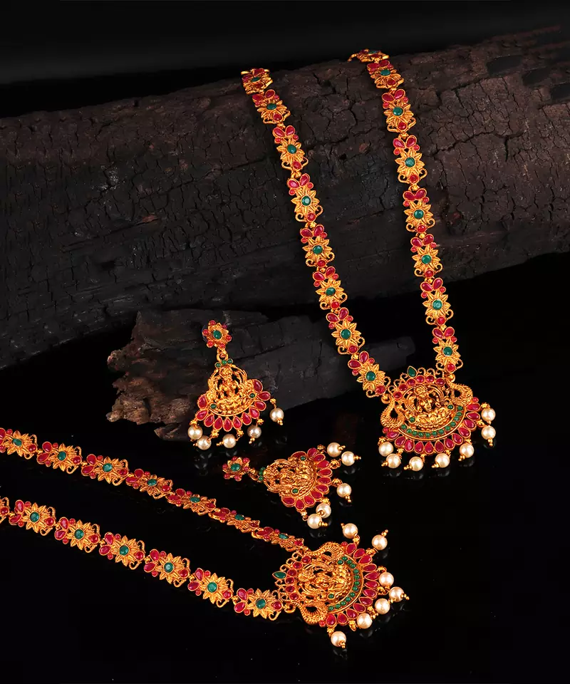 Gold plated Stone Studded Long and Short Necklace Set With Earings