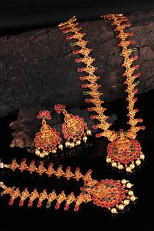 Gold plated Stone Studded Long and Short Necklace Set With Earings