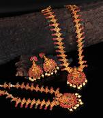 Gold plated Stone Studded Long and Short Necklace Set With Earings