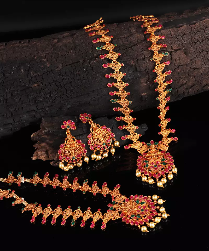 Gold plated Stone Studded Long and Short Necklace Set With Earings
