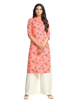 Peach printed cotton long-kurtis 1
