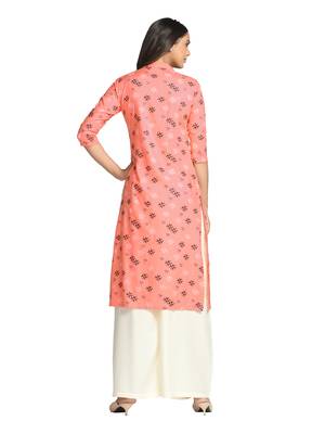 Peach printed cotton long-kurtis 2