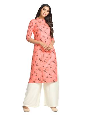 Peach printed cotton long-kurtis 4