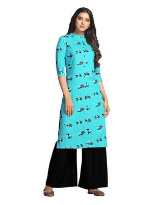 Turquoise printed cotton long-kurtis 1