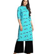 Turquoise printed cotton long-kurtis