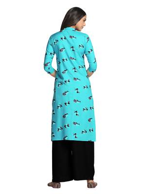 Turquoise printed cotton long-kurtis 2