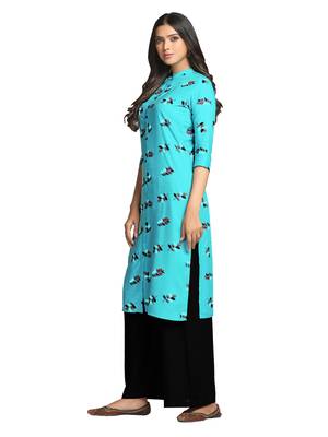 Turquoise printed cotton long-kurtis 3