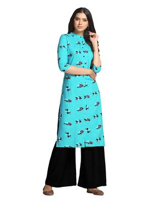 Turquoise printed cotton long-kurtis 4