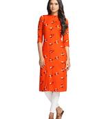 Orange printed cotton long-kurtis