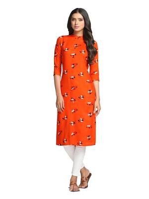 Orange printed cotton long-kurtis 2