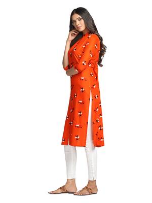 Orange printed cotton long-kurtis 4