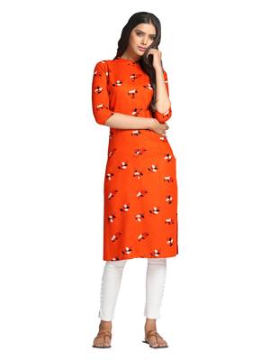 Orange printed cotton long-kurtis 5