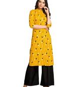 Mustard printed cotton long-kurtis