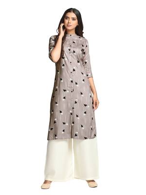 Khaki printed cotton long-kurtis 1