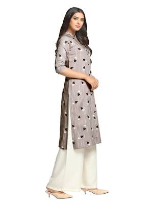 Khaki printed cotton long-kurtis 3