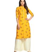 Mustard printed cotton long-kurtis