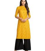 Mustard printed cotton long-kurtis
