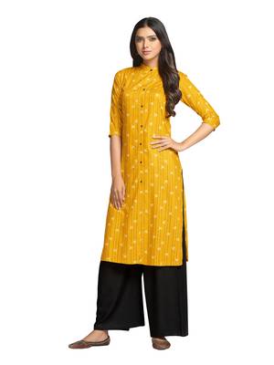Mustard printed cotton long-kurtis 2