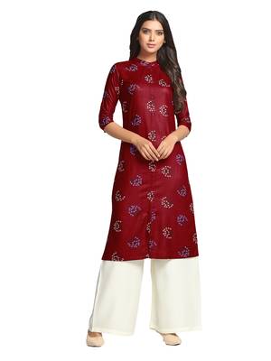 Maroon printed cotton long-kurtis 1