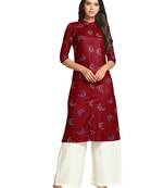 Maroon printed cotton long-kurtis