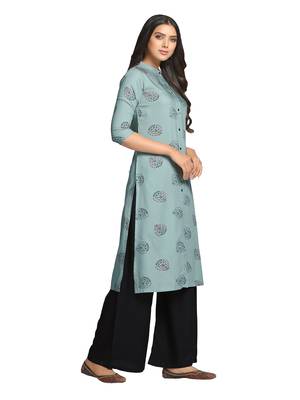 Green printed cotton long-kurtis 3