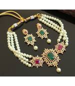 Beautiful Gold T1 Cz Ruby Green Pearls Designer Choker Set Dj28324