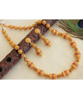 Beautiful Antique Gold T1 Ruby Designer Necklace Set Dj28334 1