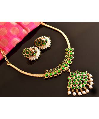 Beautiful Gold Plated Green Temple Mango Designer Necklace Set Dj18165 1