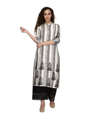 Grey stripes with black pomegranate print cold shoulder kurta 1