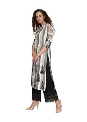 Grey stripes with black pomegranate print cold shoulder kurta 2