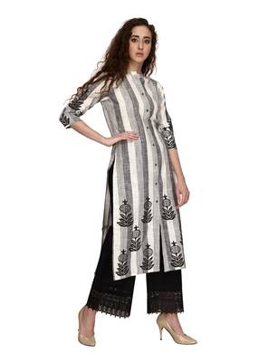 Grey stripes with black pomegranate print cold shoulder kurta 3