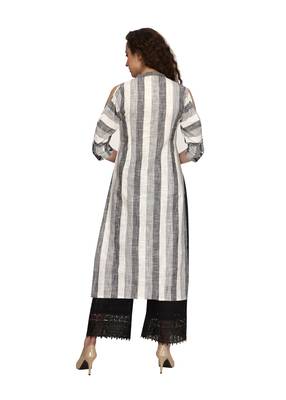 Grey stripes with black pomegranate print cold shoulder kurta 4