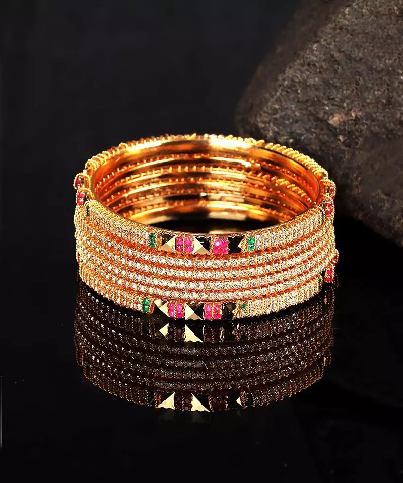 White Gold Plated Stone Studded Set of Six Bangles