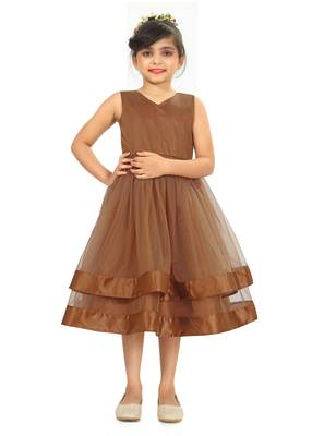 Kids Brown Net With Sain Frock Dress 1