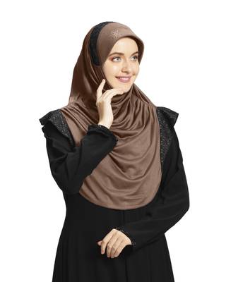 Mehar Hijab's Modest Women's Designed Stylish Polycotton Feel Good Fabric  Naaz Hijab Dark wheat-Black Glit 2