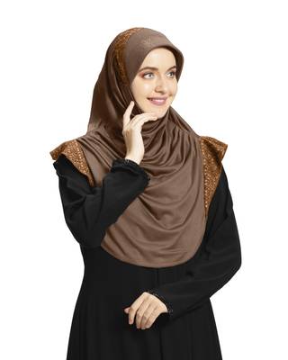 Mehar Hijab's Modest Women's Designed Stylish Polycotton Feel Good Fabric  Naaz Hijab Dark Wheat- Copper Glit 2